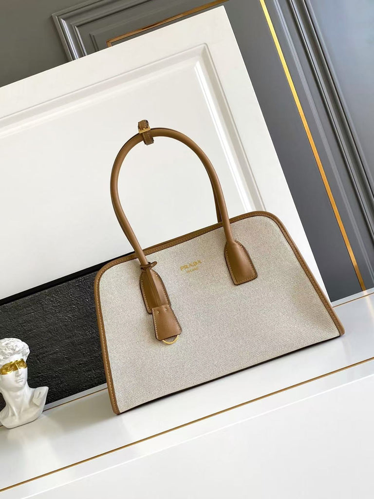 linen blend and leather tote bag