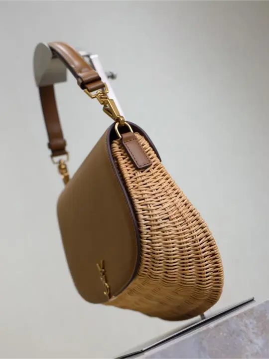 Voltaire Small Leather-Trimmed Straw Shoulder Bag