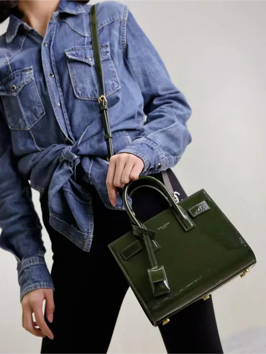 Green patent leather handbag from the Saint Laurent Sac De Jour collection