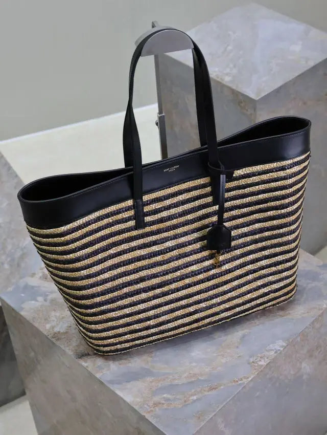 Striped Straw and Leather Shopping Tote Bag