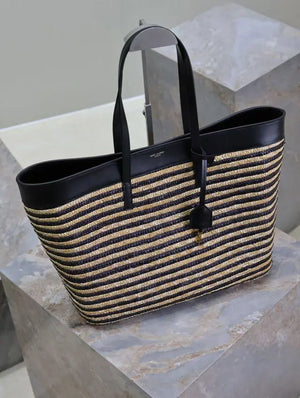 Striped Straw and Leather Shopping Tote Bag