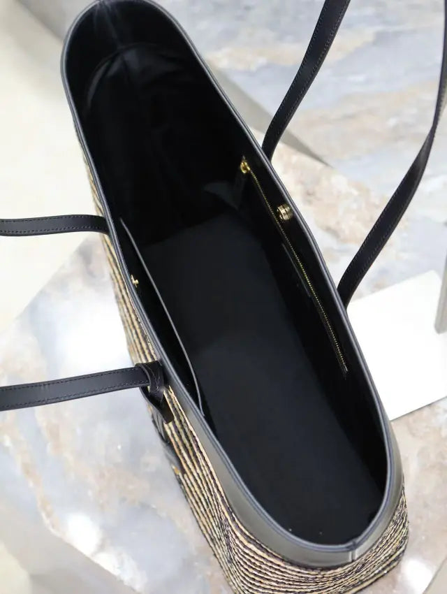 Striped Straw and Leather Shopping Tote Bag