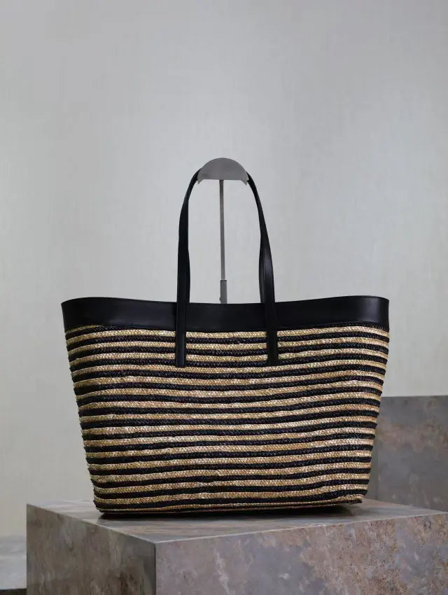 Striped Straw and Leather Shopping Tote Bag