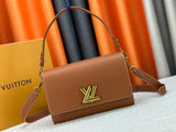 Brown leather metal logo handbag collection