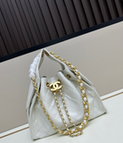 White quilted drawstring chain bag