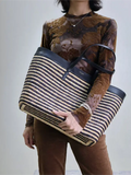 Striped Straw and Leather Shopping Tote Bag