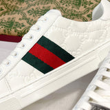 Women's Ace Series White Leather GG Embossed Sneakers (with Woven Straps)| 757943 AACAG 9055