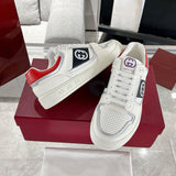 MAC80 Series Women's Double G Embroidered Leather Low-Top Sneakers (Off-White and Black/Red Colorway) |762611 AACNW 1051