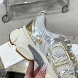 Women's Chrono Sneakers Beige Mesh Fabric with Gold and Silver-Tone Patent Leather Accents |KCK414TRL_S49G
