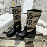 D-Major Women's Rider Boots in Black Calfskin with Warm Taupe Technical Fabric| KCI611SCN_S46X