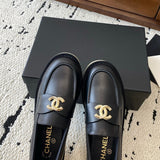 Women's Black Calfskin Loafers with Gold Camellia Double C Logo| G45663
