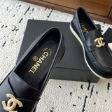 Women's Black Calfskin Loafers with Gold Camellia Double C Logo| G45663