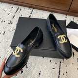 Women's Retro Gold CC Logo Black Lambskin Loafers |G36646 X01000 94305