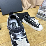 Women's Black Tweed, Distressed Edges, Chunky Sole, Star Accent, Low-Top Sneakers/Sneakers |G45051 Y56608 K7114