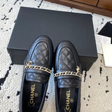 Women's Black Lambskin Loafers/Moccasins (with Gold Metal Chain and Pendant) |G46692 X01000 94305