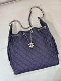 Chain-Strap Tote Bag in Dark Blue Vintage Quilted Denim |AS5311 B24037 U9373