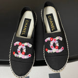 Women's Black Canvas Embroidered Double C Floral Fisherman Shoes |G46310