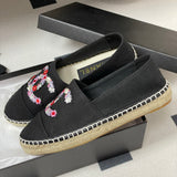 Women's Black Canvas Embroidered Double C Floral Fisherman Shoes |G46310