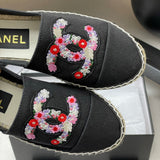 Women's Black Canvas Embroidered Double C Floral Fisherman Shoes |G46310