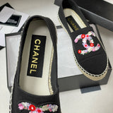 Women's Black Canvas Embroidered Double C Floral Fisherman Shoes |G46310