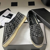 Women's Classic Double C Logo Silver-Threaded Black & White Tweed Straw Fisherman Sandals |G29762