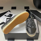 Women's Classic Double C Logo Silver-Threaded Black & White Tweed Straw Fisherman Sandals |G29762