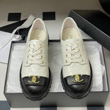 Women's Diamond-Quilted Lace-Up Derby/Oxford Shoes in Black & White Colorblock Sheepskin or Cowhide |G41031