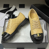 Women's Beige and Black Calfskin Color-Block Quilted Low-Top Derby Shoe| G46874