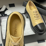 Women's Beige and Black Cowhide or Lambskin Two-Tone Diamond Quilted Lace-Up Derby Shoe |G38446