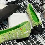 Women's Classic Ballet Flats in Green Multicolor Tweed with Black Satin Toe Cap |G02819