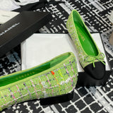 Women's Classic Ballet Flats in Green Multicolor Tweed with Black Satin Toe Cap |G02819