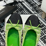 Women's Classic Ballet Flats in Green Multicolor Tweed with Black Satin Toe Cap |G02819