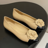 Women's Beige Leather Camellia Color-Block Ballet Flats |G45494