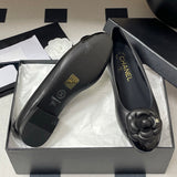 Women's Black Sheepskin and Patent Leather Camellia Flat Ballet Shoes| G02819
