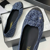 Women's Spring/Summer 2025 Collection Navy Blue and Dark Gray Diamond-Quilted Denim Ballet Flats |G26250