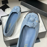 Women's Blue Quilted Embroidered Denim Camellia Ballet Flats |G02819