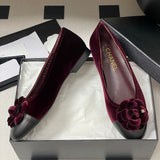 Women's Burgundy Velvet Camellia Ballet Flats G32166