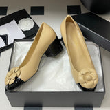 Women's Beige Lambskin or Calfskin Camellia Two-Tone Chunky Heel/Ballet Flats |G45494