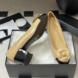 Women's Beige Lambskin or Calfskin Camellia Two-Tone Chunky Heel/Ballet Flats |G45494