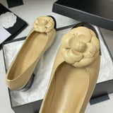 Women's Beige Lambskin or Calfskin Camellia Two-Tone Chunky Heel/Ballet Flats |G45494