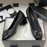 Women's Black Lambskin or Calfskin Camellia Series Mid-Heel Pumps |G31665