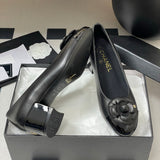 Women's Black Lambskin or Calfskin Camellia Series Mid-Heel Pumps |G31665