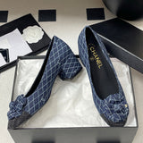 Women's Navy Blue and Dark Gray Embroidered Denim Camellia Chunky Heel Ballet Flats |G26250