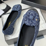 Women's Navy Blue and Dark Gray Embroidered Denim Camellia Chunky Heel Ballet Flats |G26250
