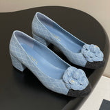 Women's Light Blue Diamond Quilted Embroidered Cowhide Leather Black Coarse Grain Textured Color-Blocked Camellia Print Chunky Mid-Heel Pumps| G39186