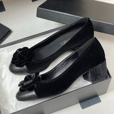 Women's Black Camellia Velvet and Leather Block Heel Pumps |G32913