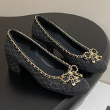 Women's Classic Ballet Flats, Black Lambskin and Patent Leather Combination, with Gold Chain Details |G46663