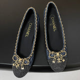 Women's Dark Blue Denim Diamond Quilted Chain Bow Chunky Mid-Heel Pumps| G47181