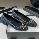 Women's Dark Blue Denim Diamond Quilted Chain Bow Chunky Mid-Heel Pumps| G47181