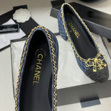 Women's Dark Blue Denim Diamond Quilted Chain Bow Chunky Mid-Heel Pumps| G47181